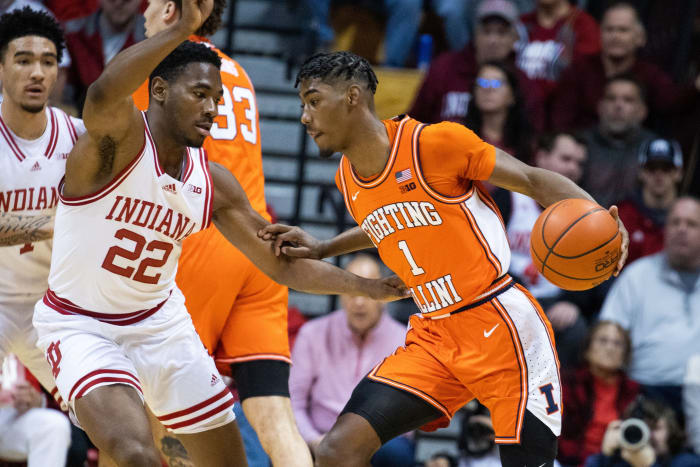 Indiana Hoosiers forward Jordan Geronimo (22) defends in the first half at Simon Skjodt Assembly Hall.